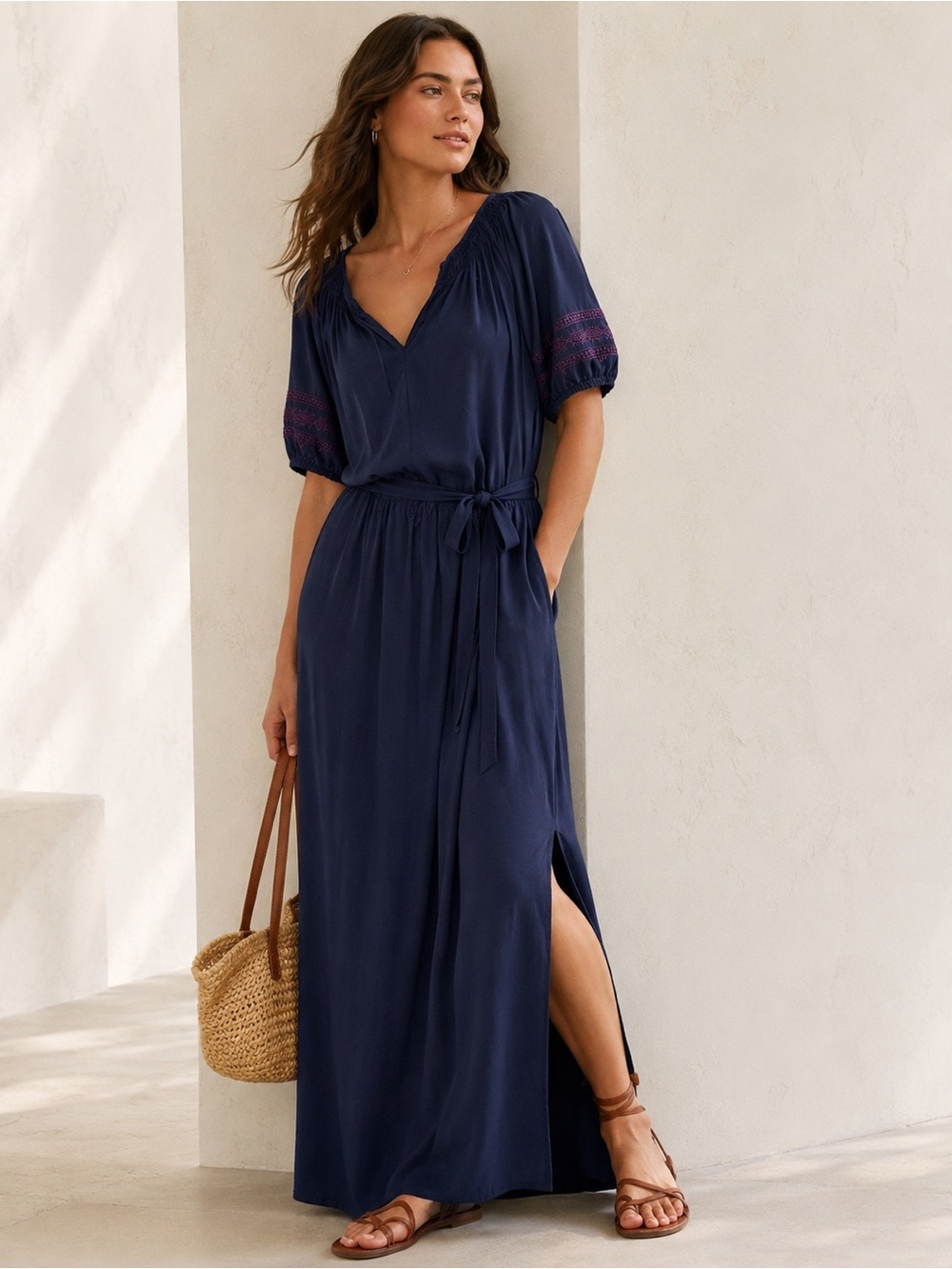 Gap Navy Blue Embroidered Maxi Dress Rayon Boho Tie Waist Slit Women’s L